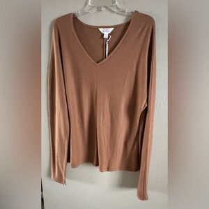 NWT Market and Spruce Women's Long Sleeve Ribbed Top V-Neck Sz XXL Caramel Brown